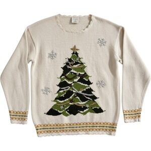 Vintage Style Studio Sweater Women M Cream Ugly Christmas Tree Beaded Granny